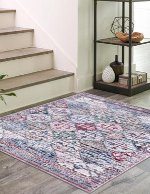 Washable Multicolor 7' 10 x 7' 10 Mangata Square Area Rug Easy to Clean Stain Resistant & Durable Chenille Traditional Vintage Distressed Carpet for Sale at Rug Engine