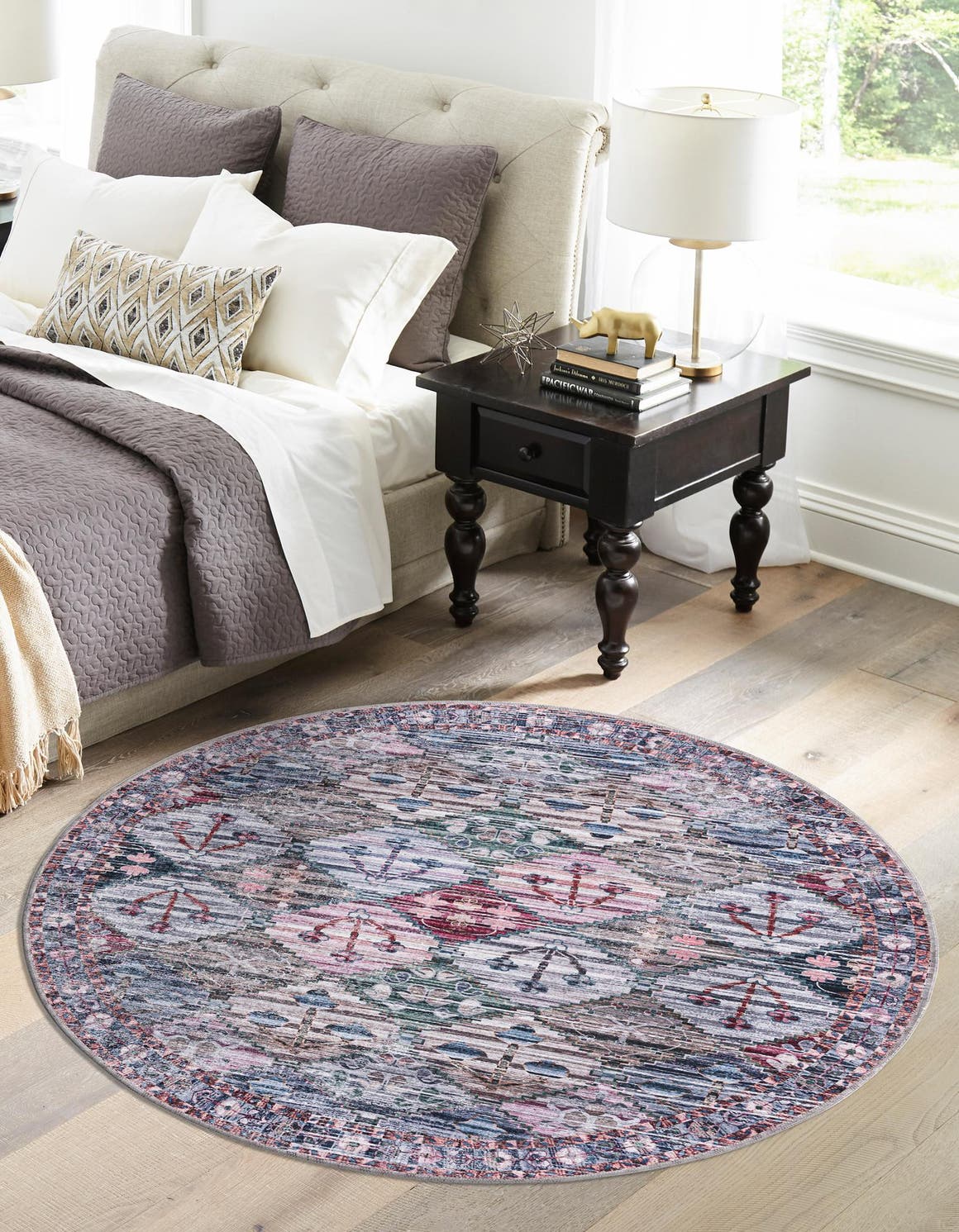 Washable Multicolor 7' 3 x 7' 3 Mangata Round Area Rug Easy to Clean Stain Resistant & Durable Chenille Traditional Vintage Distressed Carpet for Sale at Rug Engine