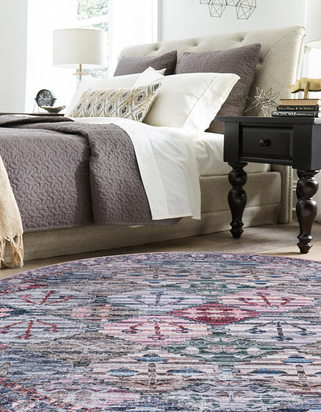 Washable Multicolor 3' 11 x 3' 11 Mangata Round Area Rug Easy to Clean Stain Resistant & Durable Chenille Traditional Vintage Distressed Carpet for Sale at Rug Engine