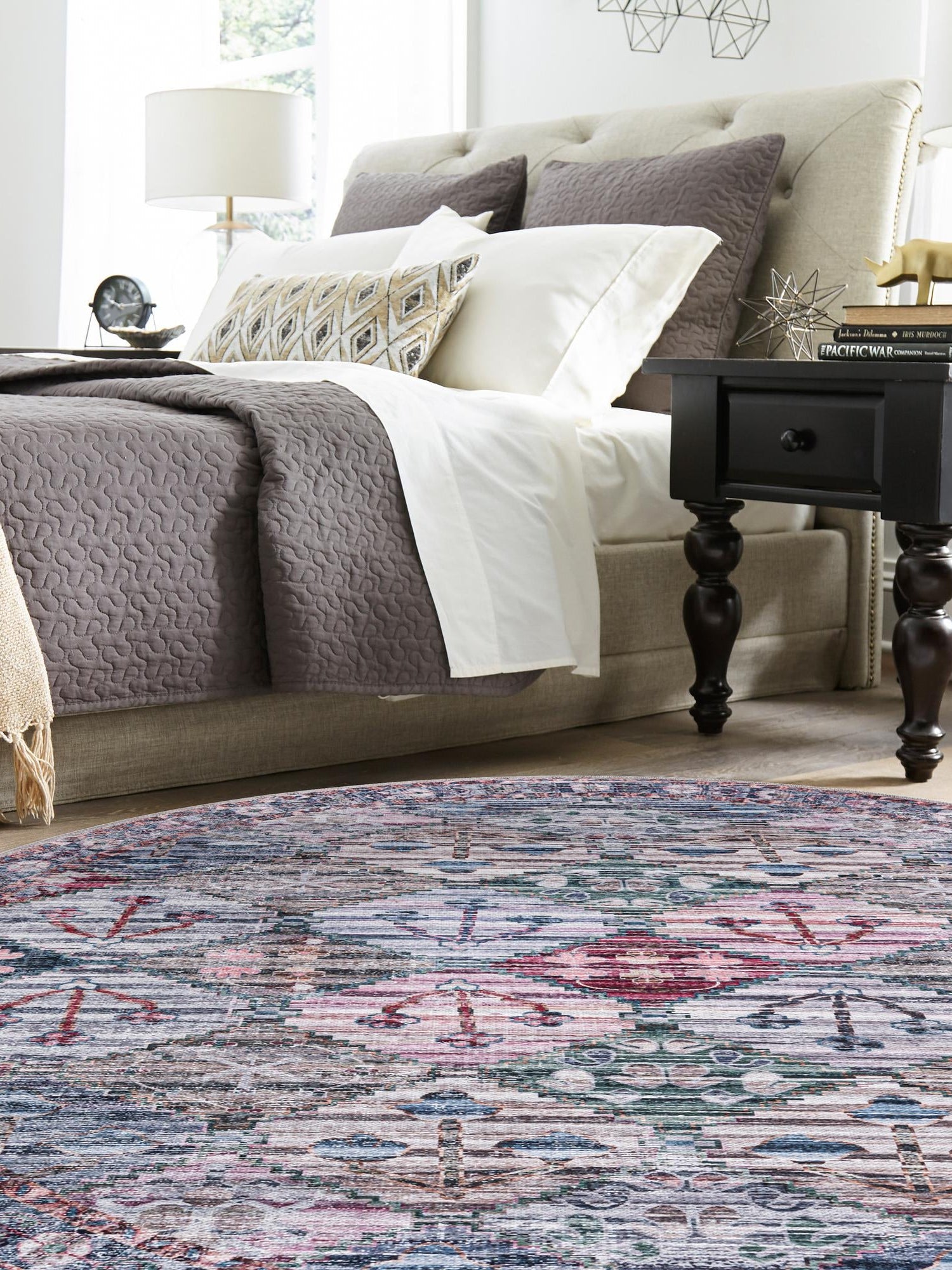 Washable Multicolor 5' 3 x 5' 3 Mangata Round Area Rug Easy to Clean Stain Resistant & Durable Chenille Traditional Vintage Distressed Carpet for Sale at Rug Engine