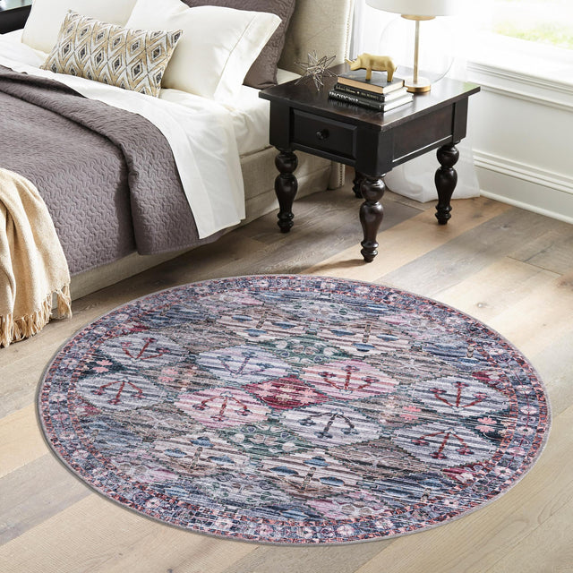 Washable Multicolor 3' 11 x 3' 11 Mangata Round Area Rug Easy to Clean Stain Resistant & Durable Chenille Traditional Vintage Distressed Carpet for Sale at Rug Engine