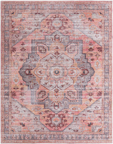 Washable Apricot and pink 10' 6 x 13' Mangata Washable Rectangle Area Rug Easy to Clean Stain Resistant & Durable Chenille Traditional Vintage Distressed Carpet for Sale at Rug Engine