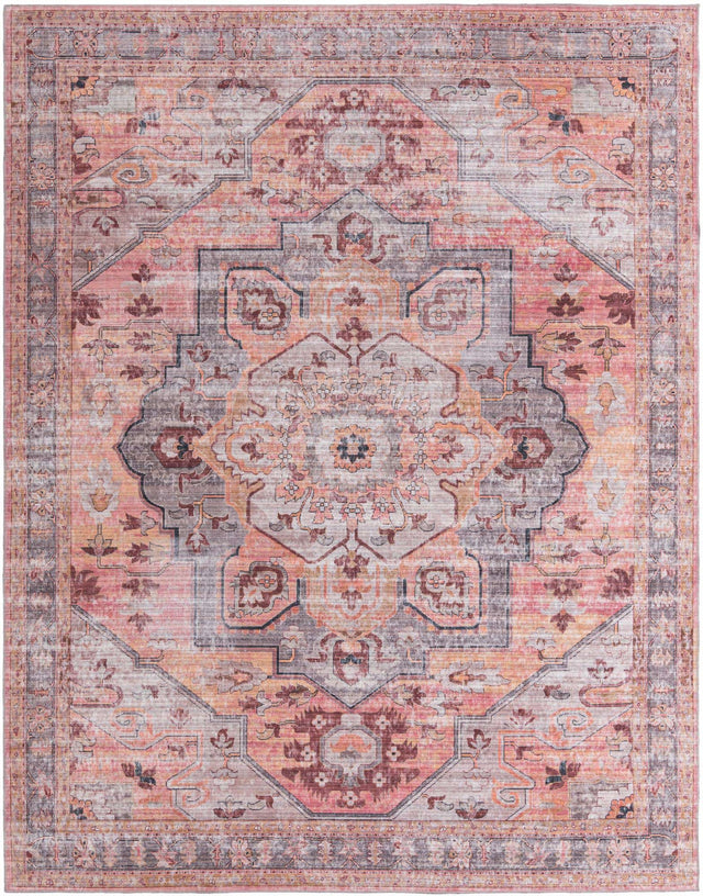 Washable Apricot and pink 10' 6 x 13' Mangata Washable Rectangle Area Rug Easy to Clean Stain Resistant & Durable Chenille Traditional Vintage Distressed Carpet for Sale at Rug Engine