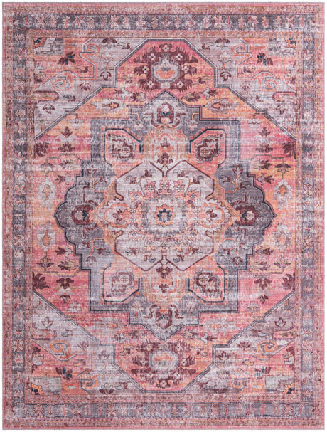 Washable Apricot and pink 9' 2 x 12' Mangata Rectangle Area Rug Easy to Clean Stain Resistant & Durable Chenille Traditional Vintage Distressed Carpet for Sale at Rug Engine