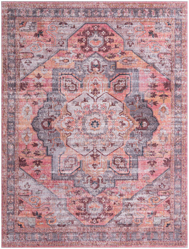 Washable Apricot and pink 9' 2 x 12' Mangata Rectangle Area Rug Easy to Clean Stain Resistant & Durable Chenille Traditional Vintage Distressed Carpet for Sale at Rug Engine