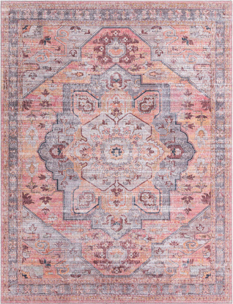Washable Apricot and pink 8' x 10' Mangata Washable Rectangle Area Rug Easy to Clean Stain Resistant & Durable Chenille Traditional Vintage Distressed Carpet for Sale at Rug Engine