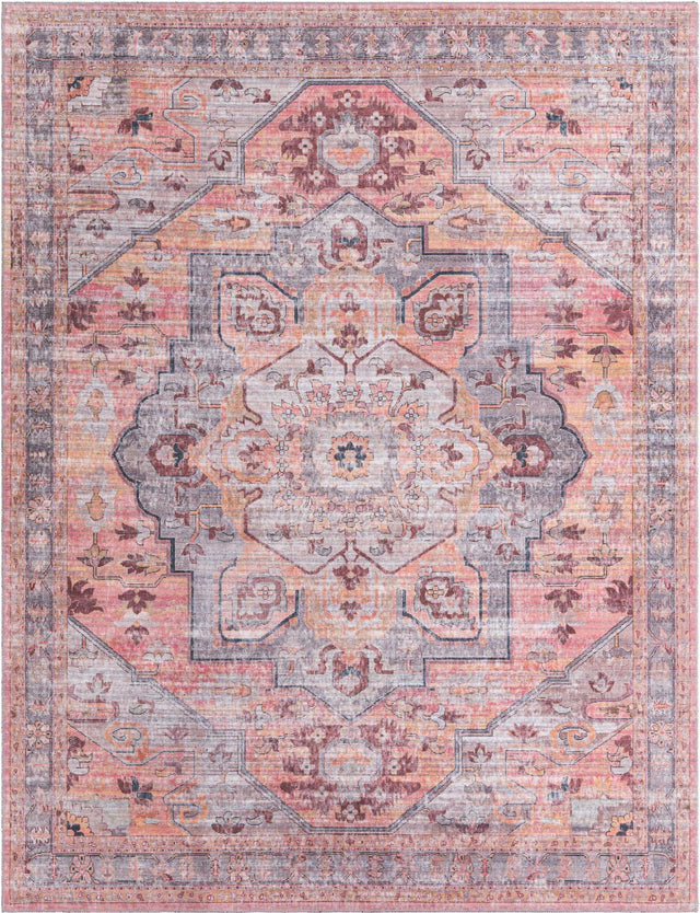 Washable Apricot and pink 8' x 10' Mangata Washable Rectangle Area Rug Easy to Clean Stain Resistant & Durable Chenille Traditional Vintage Distressed Carpet for Sale at Rug Engine