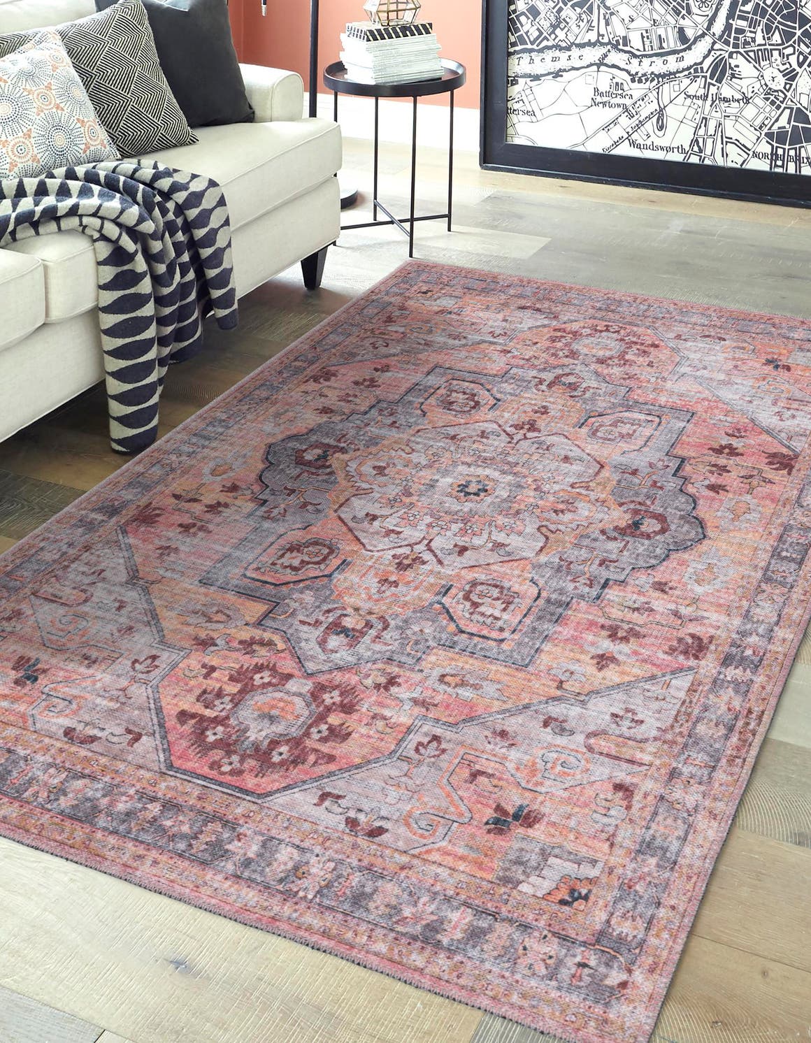 Washable Apricot and pink 9' 2 x 12' Mangata Rectangle Area Rug Easy to Clean Stain Resistant & Durable Chenille Traditional Vintage Distressed Carpet for Sale at Rug Engine