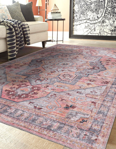Washable Apricot and pink 6' x 9' Mangata Washable Rectangle Area Rug Easy to Clean Stain Resistant & Durable Chenille Traditional Vintage Distressed Carpet for Sale at Rug Engine