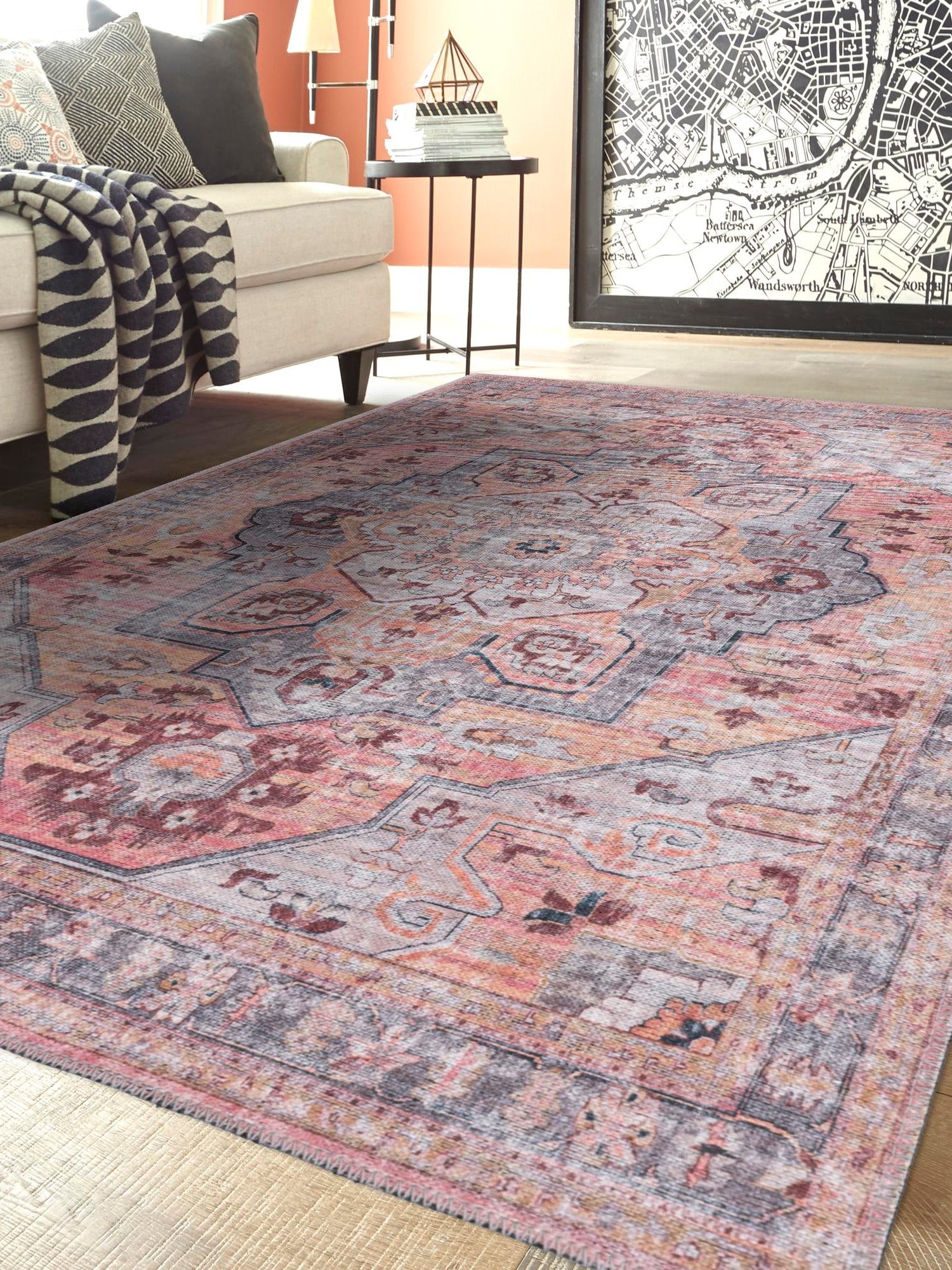 Washable Apricot and pink 3' 11 x 6' Mangata Rectangle Area Rug Easy to Clean Stain Resistant & Durable Chenille Traditional Vintage Distressed Carpet for Sale at Rug Engine
