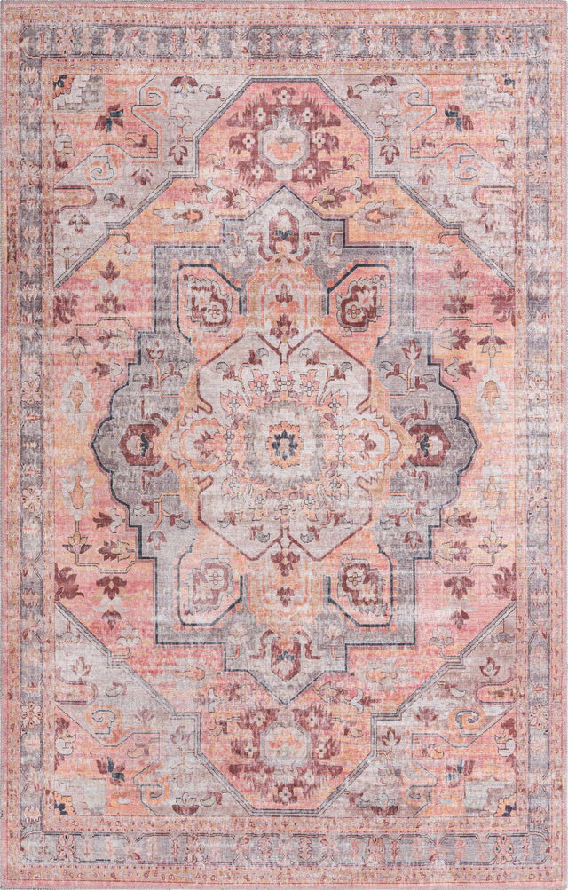 Washable Apricot and pink 5' 3 x 8' Mangata Rectangle Area Rug Easy to Clean Stain Resistant & Durable Chenille Traditional Vintage Distressed Carpet for Sale at Rug Engine