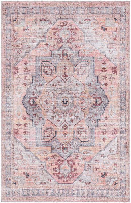 Washable Apricot and pink 3' 11 x 6' Mangata Rectangle Area Rug Easy to Clean Stain Resistant & Durable Chenille Traditional Vintage Distressed Carpet for Sale at Rug Engine