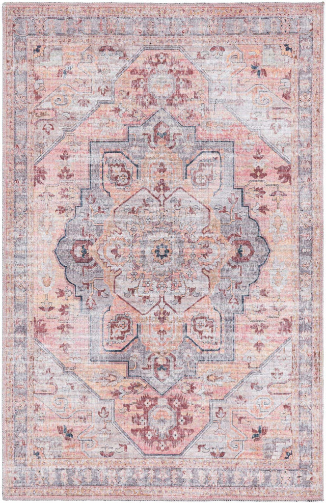 Washable Apricot and pink 3' 11 x 6' Mangata Rectangle Area Rug Easy to Clean Stain Resistant & Durable Chenille Traditional Vintage Distressed Carpet for Sale at Rug Engine