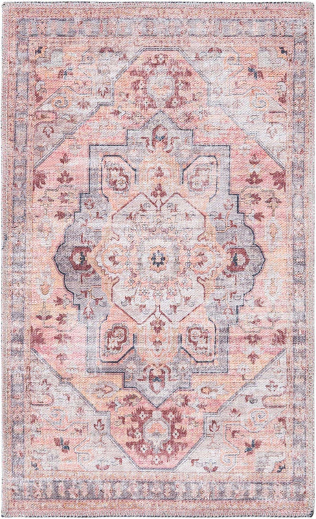 Washable Apricot and pink 2' x 3' Mangata Washable Rectangle Area Rug Easy to Clean Stain Resistant & Durable Chenille Traditional Vintage Distressed Carpet for Sale at Rug Engine