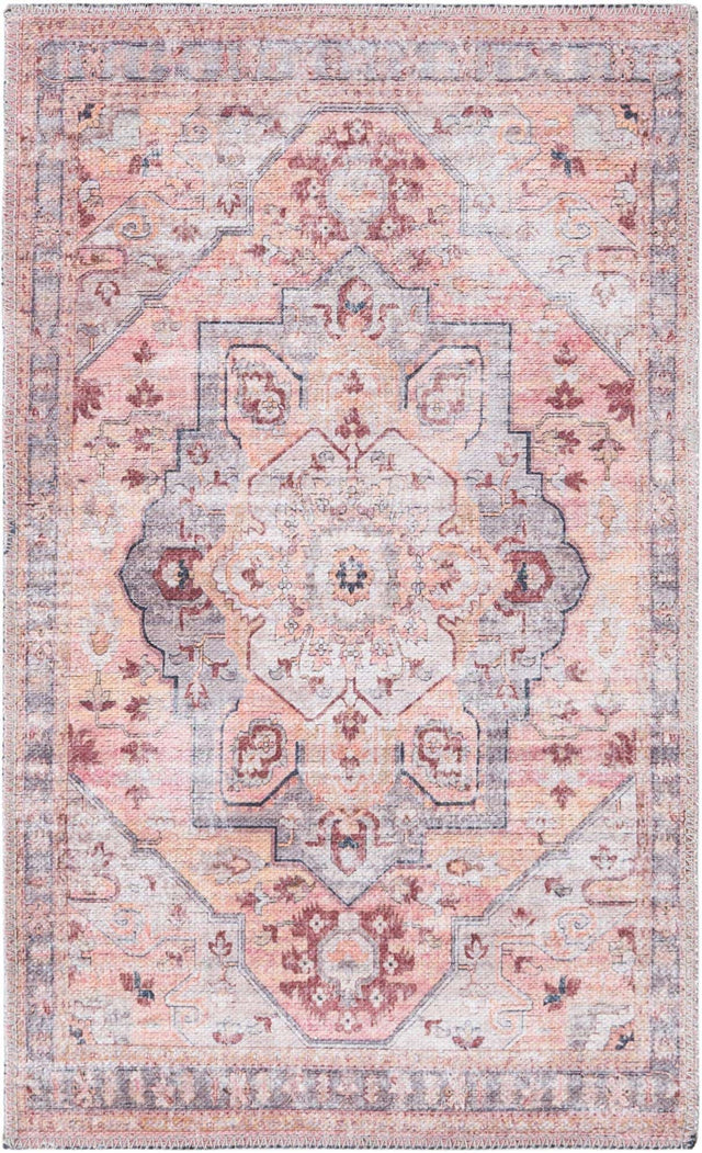 Washable Apricot and pink 2' x 3' Mangata Washable Rectangle Area Rug Easy to Clean Stain Resistant & Durable Chenille Traditional Vintage Distressed Carpet for Sale at Rug Engine