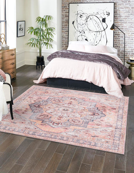 Washable Apricot and pink 5' 3 x 5' 3 Mangata Square Area Rug Easy to Clean Stain Resistant & Durable Chenille Traditional Vintage Distressed Carpet for Sale at Rug Engine