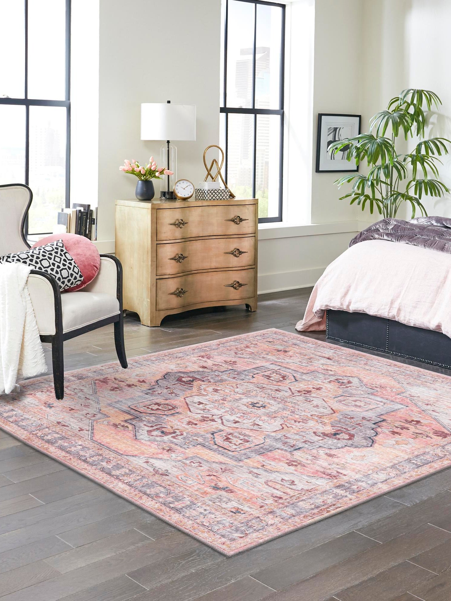 Washable Apricot and pink 7' 10 x 7' 10 Mangata Square Area Rug Easy to Clean Stain Resistant & Durable Chenille Traditional Vintage Distressed Carpet for Sale at Rug Engine