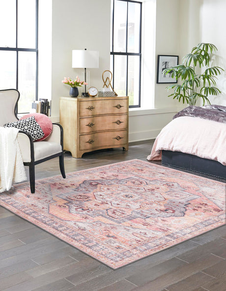 Washable Apricot and pink 7' 10 x 7' 10 Mangata Square Area Rug Easy to Clean Stain Resistant & Durable Chenille Traditional Vintage Distressed Carpet for Sale at Rug Engine