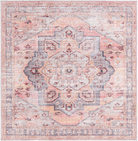 Washable Apricot and pink 5' 3 x 5' 3 Mangata Square Area Rug Easy to Clean Stain Resistant & Durable Chenille Traditional Vintage Distressed Carpet for Sale at Rug Engine