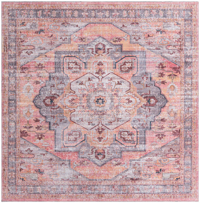 Washable Apricot and pink 7' 10 x 7' 10 Mangata Square Area Rug Easy to Clean Stain Resistant & Durable Chenille Traditional Vintage Distressed Carpet for Sale at Rug Engine