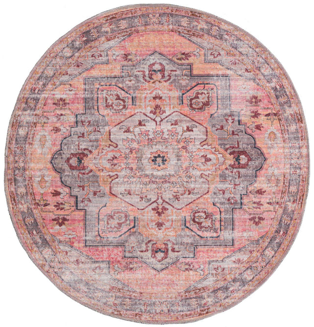 Washable Apricot and pink 3' 11 x 3' 11 Mangata Round Area Rug Easy to Clean Stain Resistant & Durable Chenille Traditional Vintage Distressed Carpet for Sale at Rug Engine