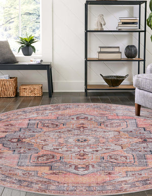 Washable Apricot and pink 7' 3 x 7' 3 Mangata Washable Round Area Rug Easy to Clean Stain Resistant & Durable Chenille Traditional Vintage Distressed Carpet for Sale at Rug Engine