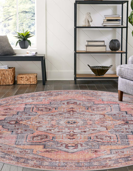 Washable Apricot and pink 7' 3 x 7' 3 Mangata Washable Round Area Rug Easy to Clean Stain Resistant & Durable Chenille Traditional Vintage Distressed Carpet for Sale at Rug Engine