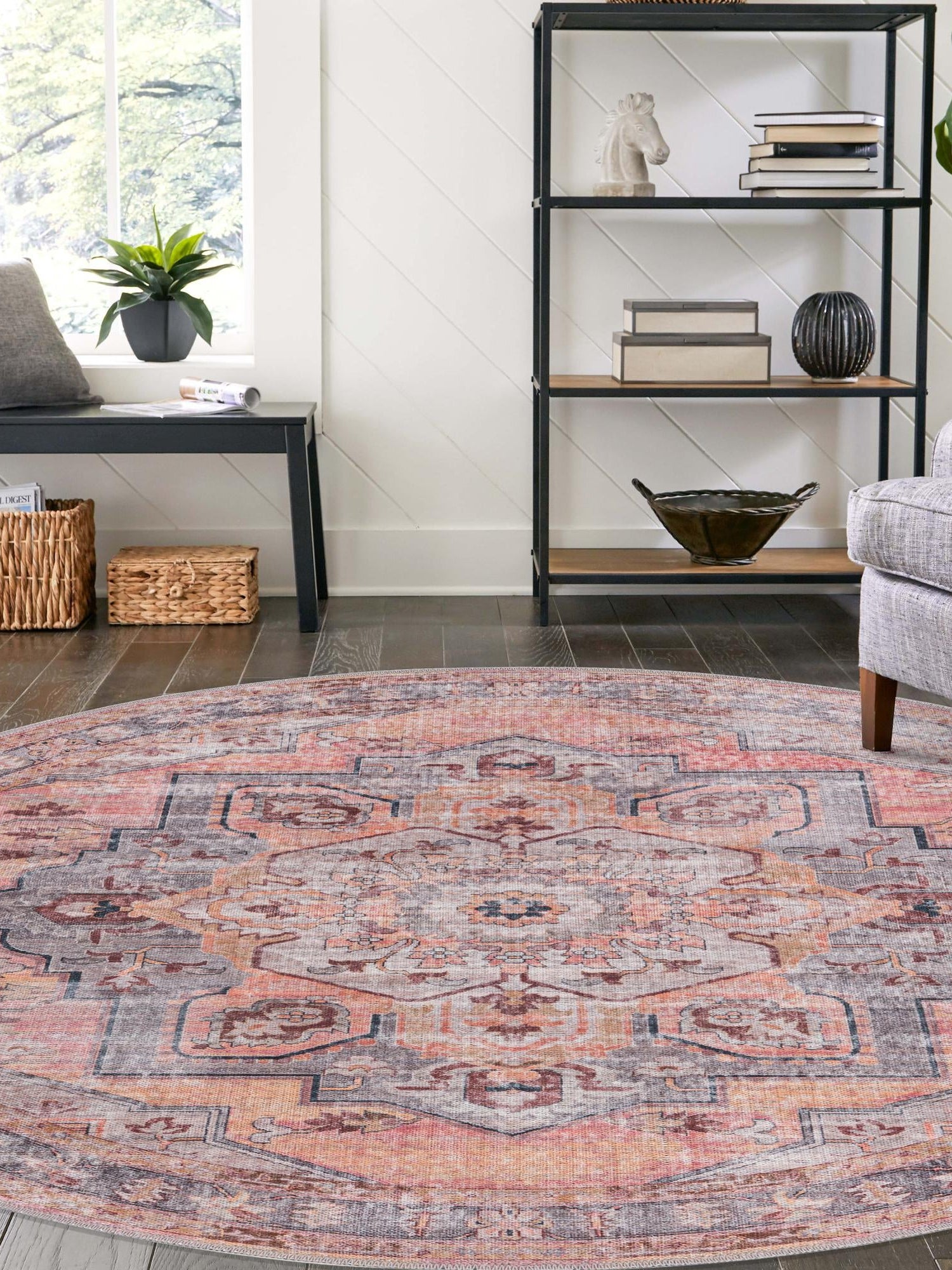 Washable Apricot and pink 5' 3 x 5' 3 Mangata Round Area Rug Easy to Clean Stain Resistant & Durable Chenille Traditional Vintage Distressed Carpet for Sale at Rug Engine