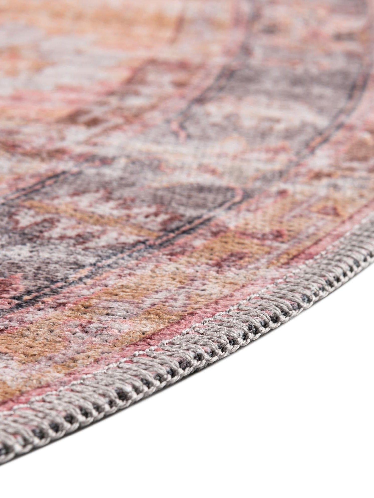 Washable Apricot and pink 7' 3 x 7' 3 Mangata Washable Round Area Rug Easy to Clean Stain Resistant & Durable Chenille Traditional Vintage Distressed Carpet for Sale at Rug Engine