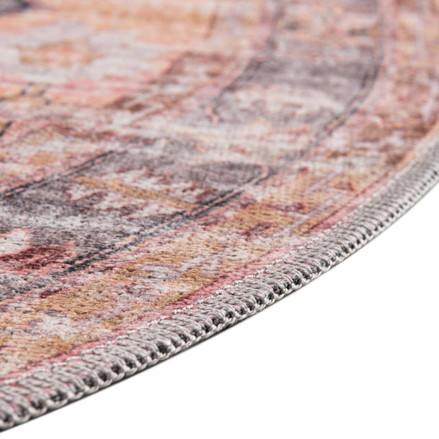 Washable Apricot and pink 7' 3 x 7' 3 Mangata Washable Round Area Rug Easy to Clean Stain Resistant & Durable Chenille Traditional Vintage Distressed Carpet for Sale at Rug Engine