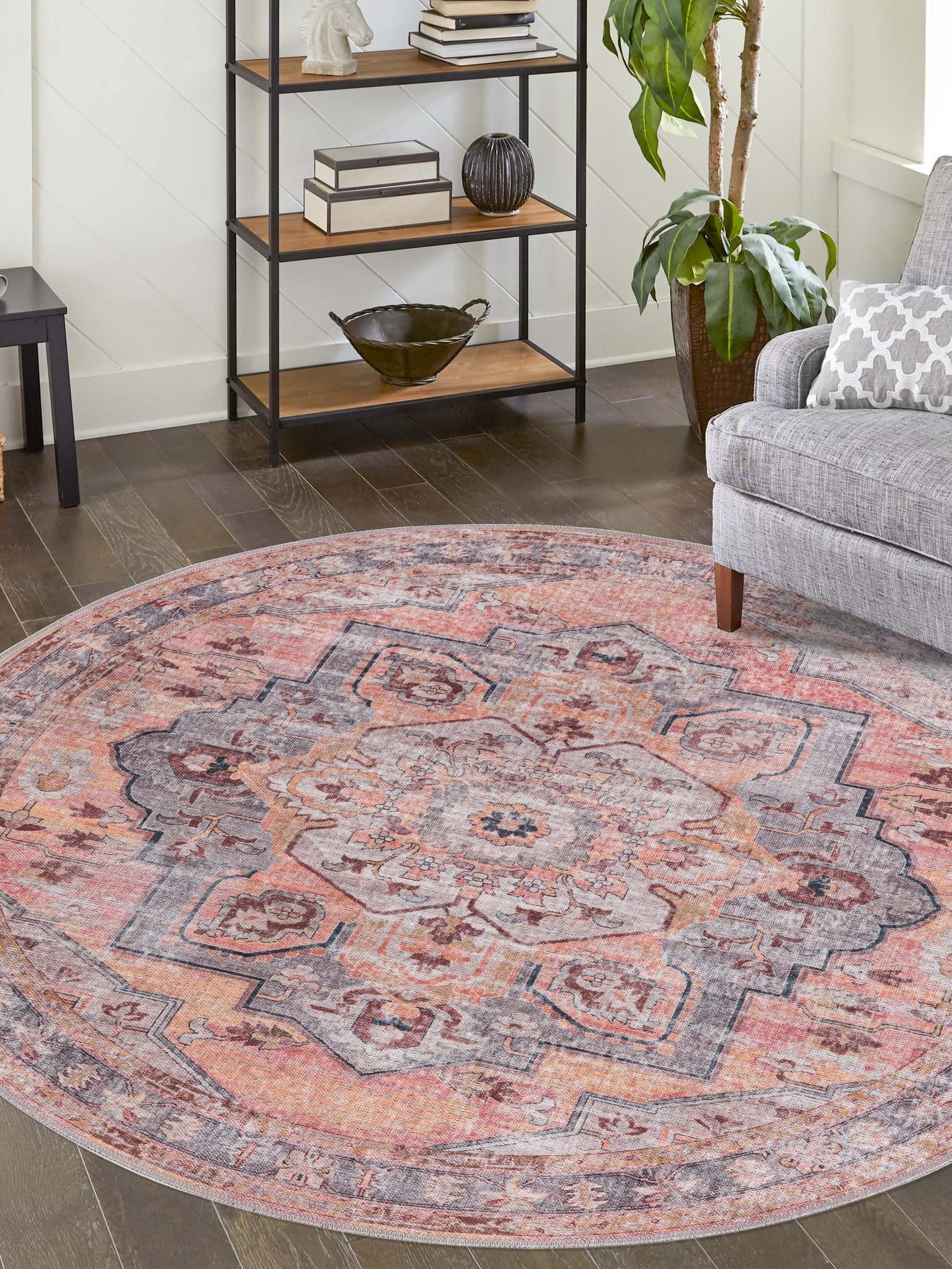 Washable Apricot and pink 5' 3 x 5' 3 Mangata Round Area Rug Easy to Clean Stain Resistant & Durable Chenille Traditional Vintage Distressed Carpet for Sale at Rug Engine