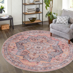 Washable Apricot and pink 5' 3 x 5' 3 Mangata Round Area Rug Easy to Clean Stain Resistant & Durable Chenille Traditional Vintage Distressed Carpet for Sale at Rug Engine