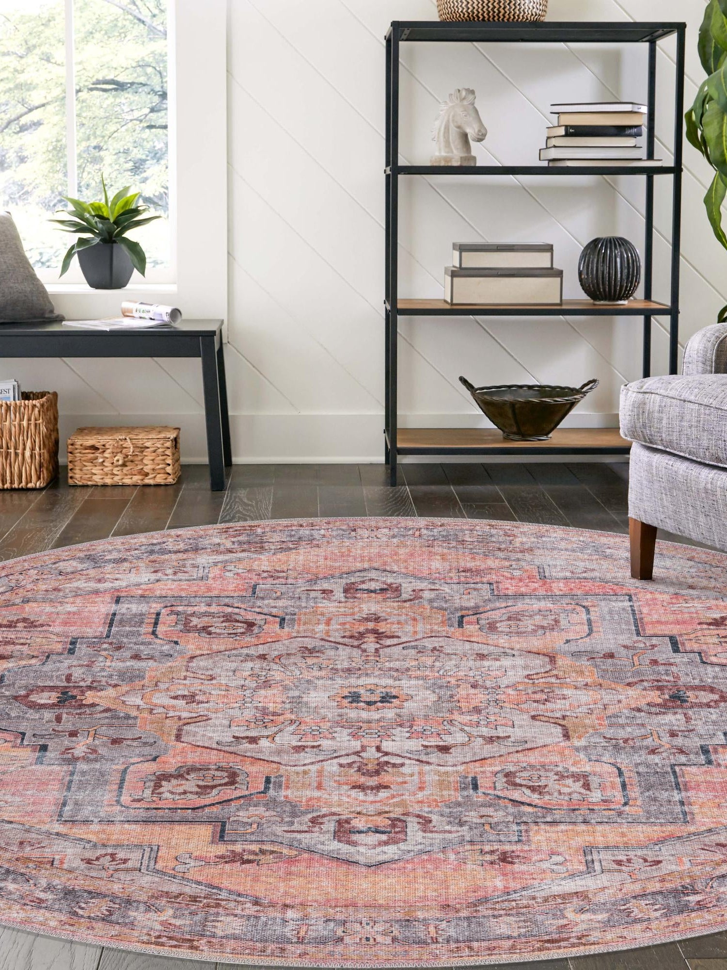 Washable Apricot and pink 5' 3 x 5' 3 Mangata Round Area Rug Easy to Clean Stain Resistant & Durable Chenille Traditional Vintage Distressed Carpet for Sale at Rug Engine