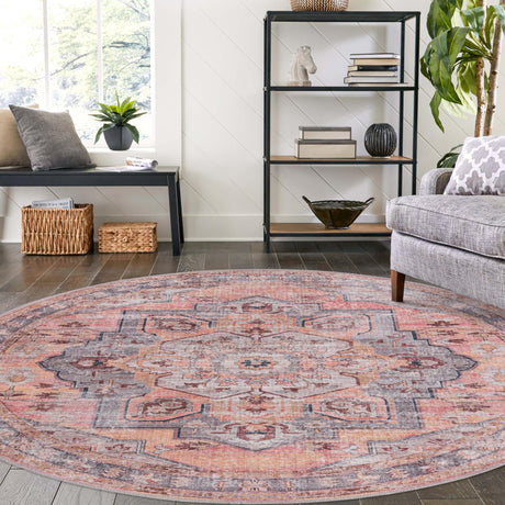 Washable Apricot and pink 5' 3 x 5' 3 Mangata Round Area Rug Easy to Clean Stain Resistant & Durable Chenille Traditional Vintage Distressed Carpet for Sale at Rug Engine