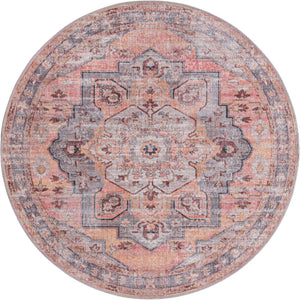 Washable Apricot and pink 5' 3 x 5' 3 Mangata Round Area Rug Easy to Clean Stain Resistant & Durable Chenille Traditional Vintage Distressed Carpet for Sale at Rug Engine