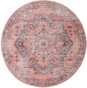 Washable Apricot and pink 7' 3 x 7' 3 Mangata Washable Round Area Rug Easy to Clean Stain Resistant & Durable Chenille Traditional Vintage Distressed Carpet for Sale at Rug Engine