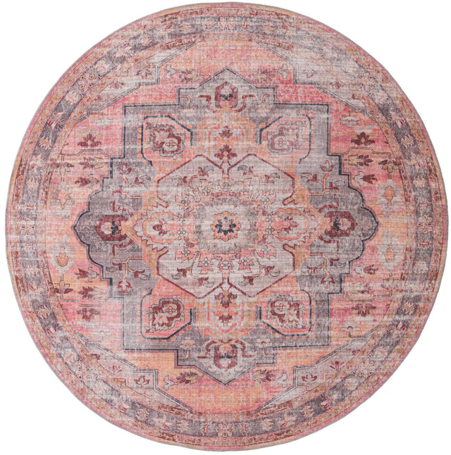 Washable Apricot and pink 7' 3 x 7' 3 Mangata Washable Round Area Rug Easy to Clean Stain Resistant & Durable Chenille Traditional Vintage Distressed Carpet for Sale at Rug Engine