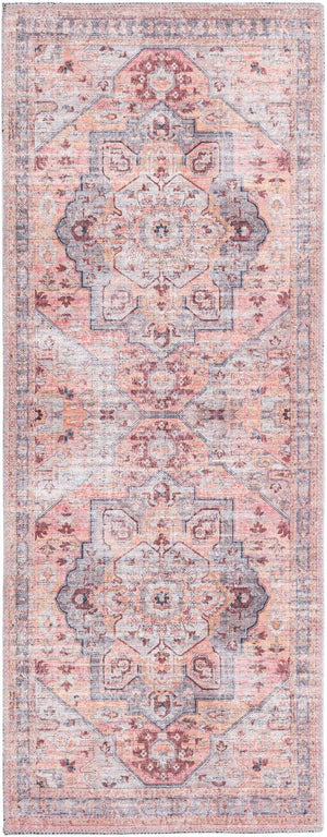Washable Apricot and pink 2' x 5' Mangata Washable Runner Area Rug Easy to Clean Stain Resistant & Durable Chenille Traditional Vintage Distressed Carpet for Sale at Rug Engine