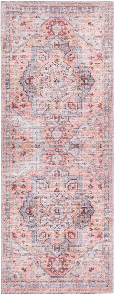 Washable Apricot and pink 2' x 5' Mangata Washable Runner Area Rug Easy to Clean Stain Resistant & Durable Chenille Traditional Vintage Distressed Carpet for Sale at Rug Engine