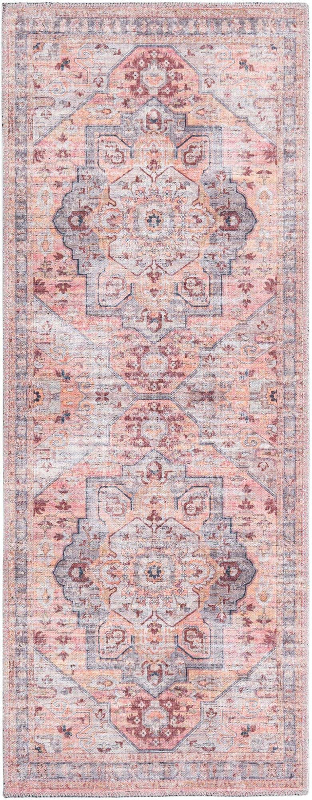 Washable Apricot and pink 2' x 5' Mangata Washable Runner Area Rug Easy to Clean Stain Resistant & Durable Chenille Traditional Vintage Distressed Carpet for Sale at Rug Engine
