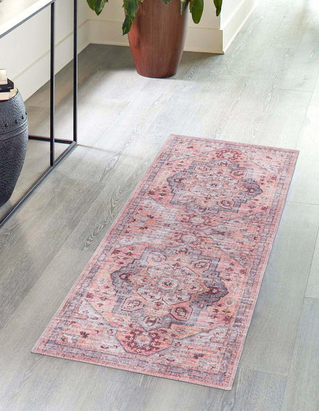 Washable Apricot and pink 2' x 5' Mangata Washable Runner Area Rug Easy to Clean Stain Resistant & Durable Chenille Traditional Vintage Distressed Carpet for Sale at Rug Engine