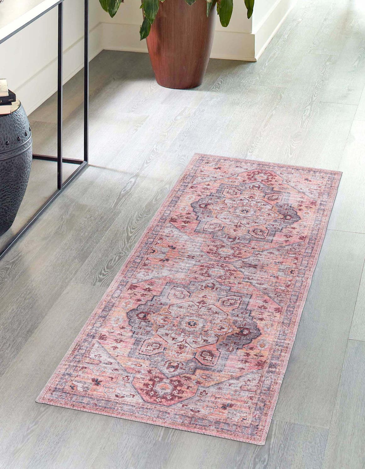 Washable Apricot and pink 2' x 6' Mangata Washable Runner Area Rug Easy to Clean Stain Resistant & Durable Chenille Traditional Vintage Distressed Carpet for Sale at Rug Engine