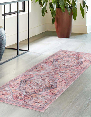Washable Apricot and pink 2' x 6' Mangata Washable Runner Area Rug Easy to Clean Stain Resistant & Durable Chenille Traditional Vintage Distressed Carpet for Sale at Rug Engine