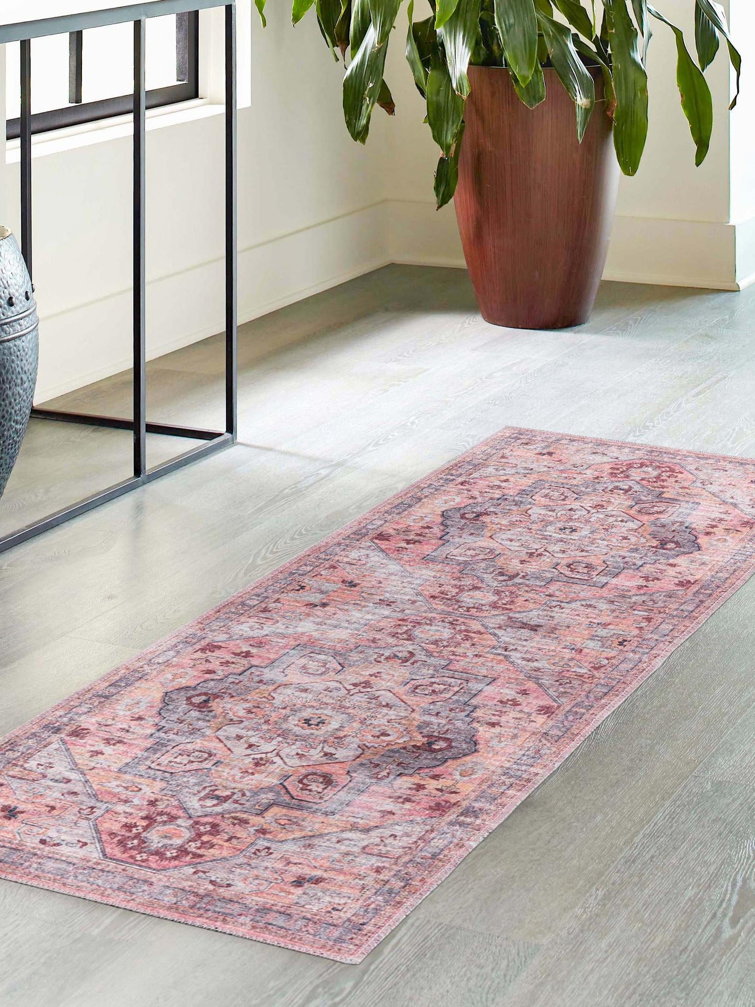 Washable Apricot and pink 2' x 7' 10 Mangata Runner Area Rug Easy to Clean Stain Resistant & Durable Chenille Traditional Vintage Distressed Carpet for Sale at Rug Engine