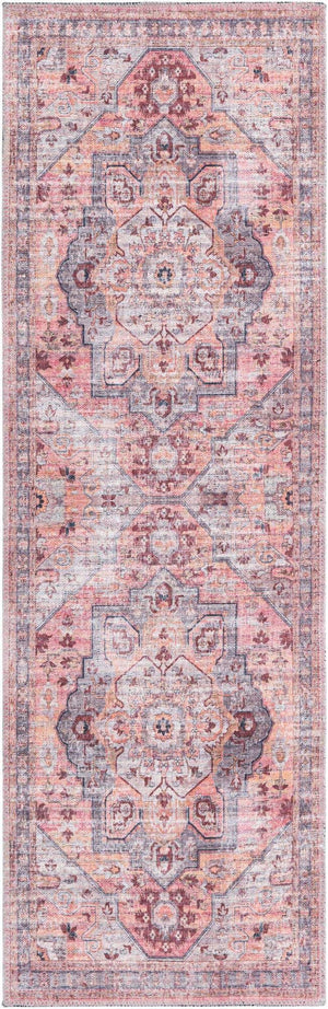 Washable Apricot and pink 2' x 6' Mangata Washable Runner Area Rug Easy to Clean Stain Resistant & Durable Chenille Traditional Vintage Distressed Carpet for Sale at Rug Engine