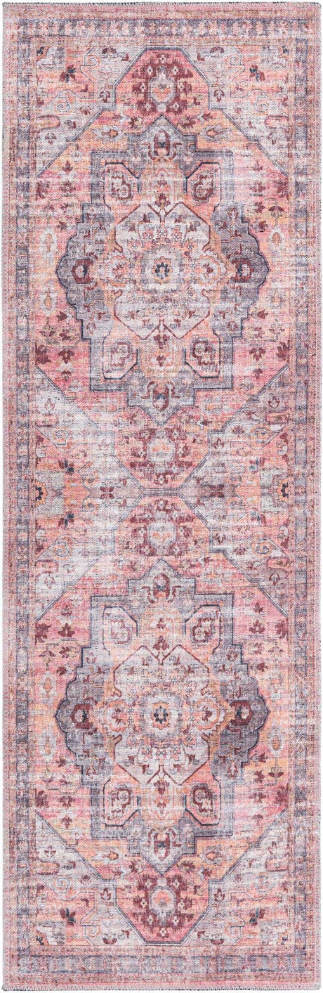 Washable Apricot and pink 2' x 6' Mangata Washable Runner Area Rug Easy to Clean Stain Resistant & Durable Chenille Traditional Vintage Distressed Carpet for Sale at Rug Engine