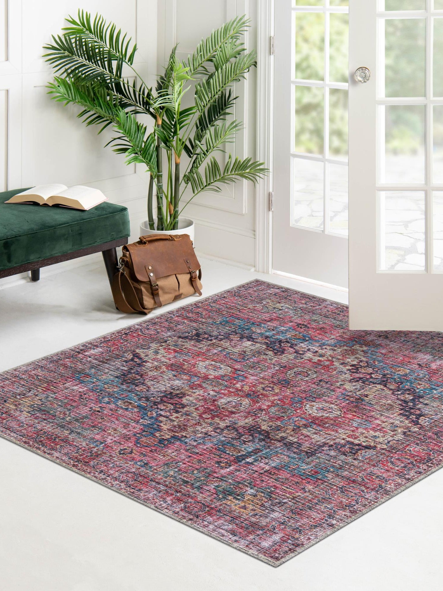 Washable Multicolor 7' 10 x 7' 10 Mangata Square Area Rug Easy to Clean Stain Resistant & Durable Chenille Traditional Vintage Distressed Carpet for Sale at Rug Engine
