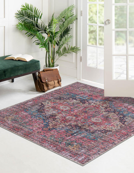 Washable Multicolor 7' 10 x 7' 10 Mangata Square Area Rug Easy to Clean Stain Resistant & Durable Chenille Traditional Vintage Distressed Carpet for Sale at Rug Engine
