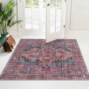 Washable Multicolor 5' 3 x 5' 3 Mangata Washable Square Area Rug Easy to Clean Stain Resistant & Durable Chenille Traditional Vintage Distressed Carpet for Sale at Rug Engine