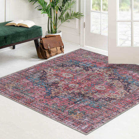 Washable Multicolor 5' 3 x 5' 3 Mangata Washable Square Area Rug Easy to Clean Stain Resistant & Durable Chenille Traditional Vintage Distressed Carpet for Sale at Rug Engine